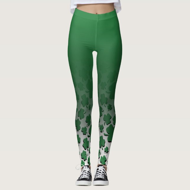 Ombre & grönt över svart Shamrockmönster på vit Leggings (Framsida)