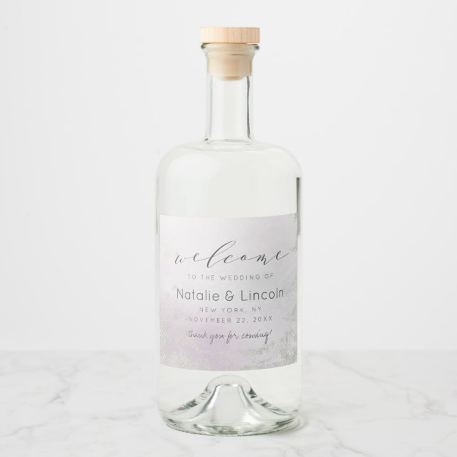 Ombre Lavender Lila Silver Foil Bröllop Välkommen Spritflaskor Etikett (Framsida)