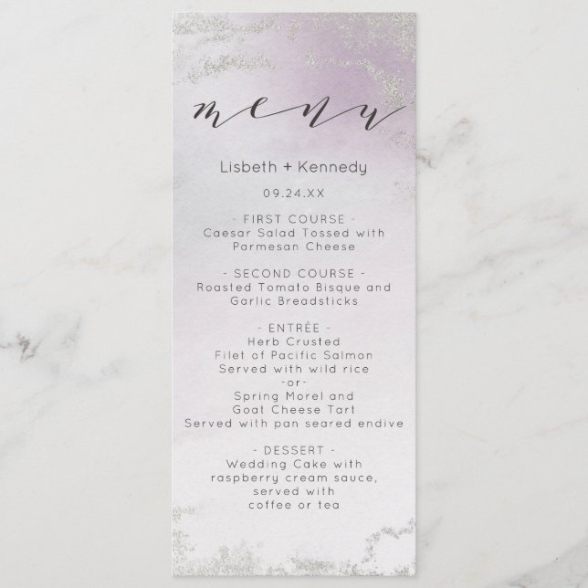 Ombre Lavender Lila Silver Foil Frosted Dinner Meny (Framsida)