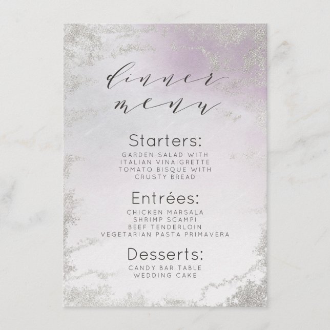Ombre Lavender Lila Silver Foil Frosted Dinner Meny (Framsida)