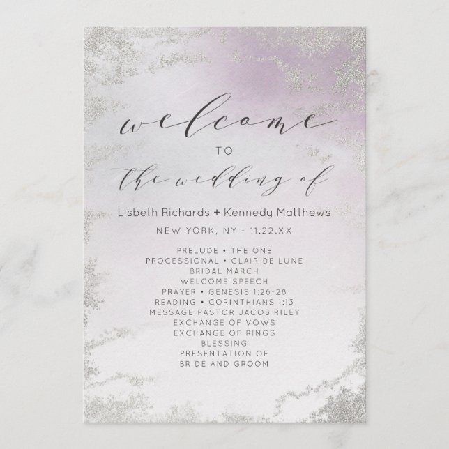 Ombre Light Lila Silver Foil Bröllop Ceremony Program (Framsida)