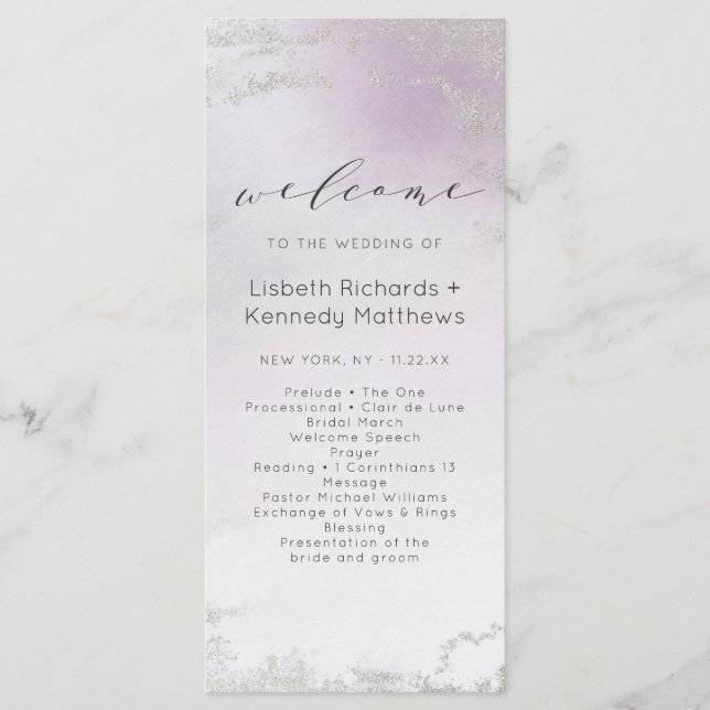 Ombre Light Lila Silver Foil Bröllop Ceremony Program (Framsida)