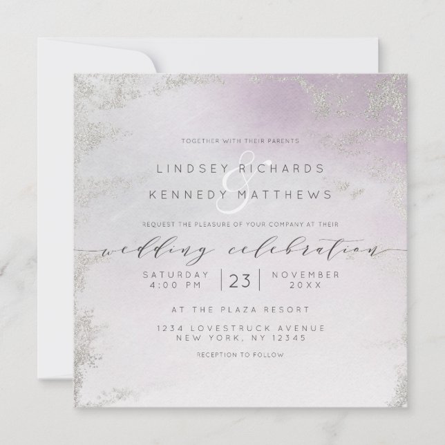 Ombre Light Lila Silver Foil Chic Bröllop Square Inbjudningar (Framsida)