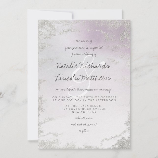 Ombre Light Lila Silver Foil Frosted Bröllop Inbjudningar (Framsida)