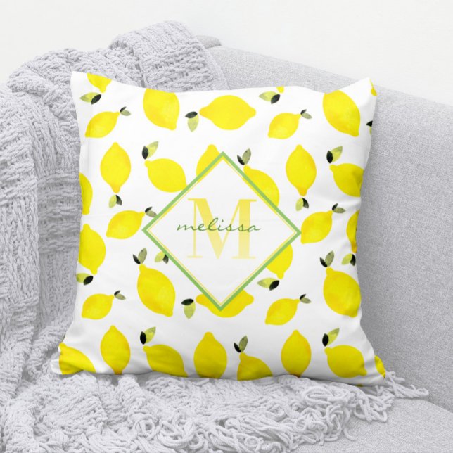 Ombre Monogram Bright Lemons Gult Grönt White Kudde (Modern Lemon Pattern Monogram Pillow with Name)