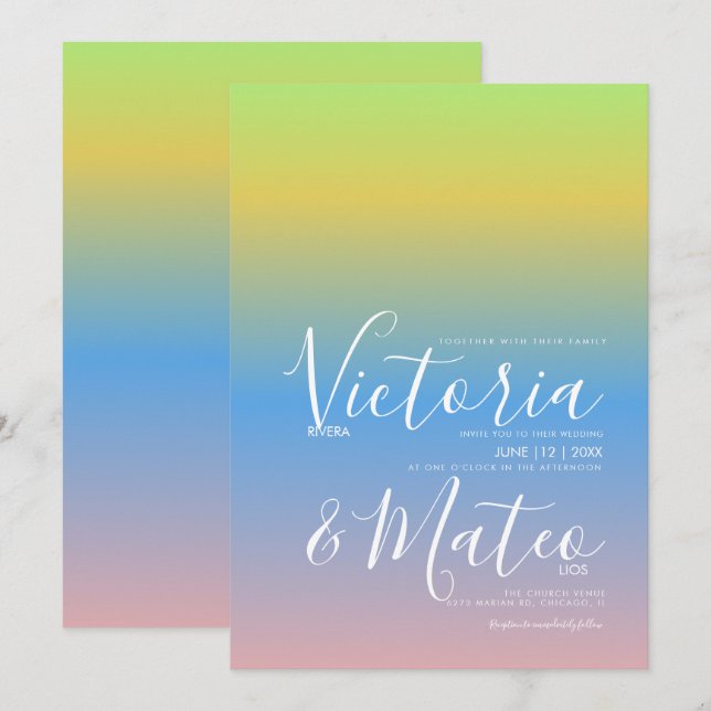 Ombre Rainbow Gul Blå Rosa Bröllopsinbjudan Inbjudningar (Fram/baksida)
