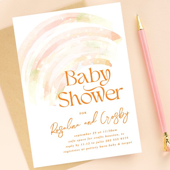 Ombre Rainbow Unisex Orange Stars Baby Shower Inbjudningar (Skapare uppladdad)