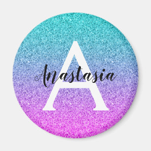 Ombre Rosa Blue Lila Glitter Sparkles Monogram Magnet