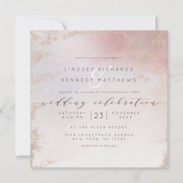 Ombre  Rosa Frosted Foil Luxe Bröllop Square Inbjudningar (Framsida)