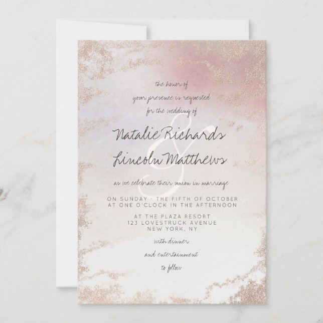 Ombre  Rosa Frosted Foil Watercolor Bröllop Inbjudningar (Framsida)