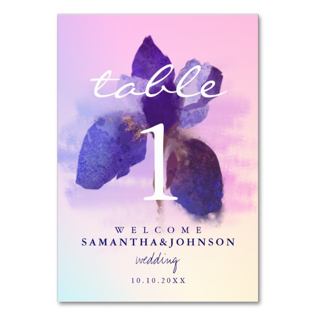 Ombre Rosa Lila Vattenfärg Iris Blommig Bröllop Bordsnummer (Framsidan)