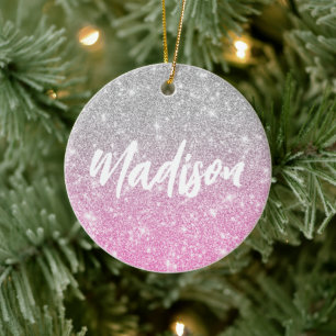 Ombre Rosa Silver Glitter Calligraphy Namn Julgransprydnad Keramik