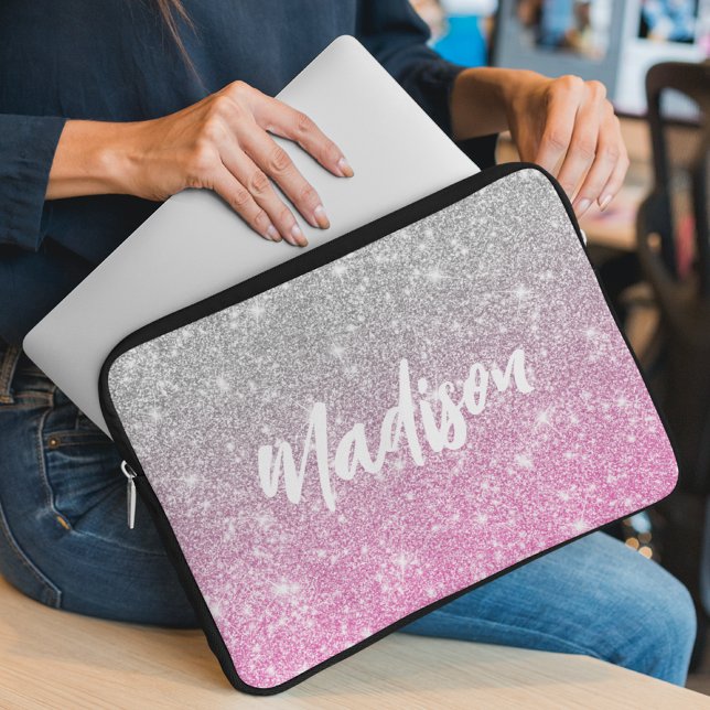 Ombre Rosa Silver Glitter Calligraphy Namn Laptop Fodral (Skapare uppladdad)