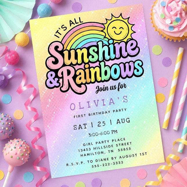 Ombre Solsken & Regnbågar Första Födelsedagsfesten Inbjudningar (Ombre Sunshine & Rainbows First Birthday Party Invitation)