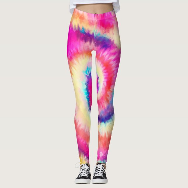 Ombre Tie Dye Rainbow Swirl Rosa Gult Leggings (Framsida)