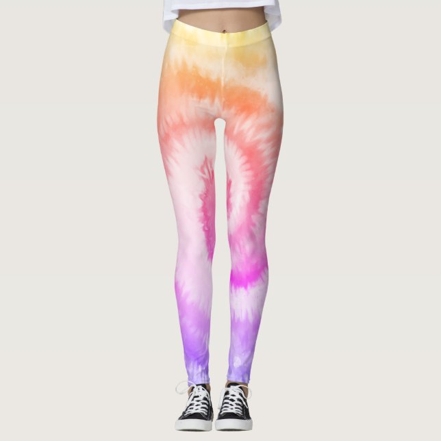 Ombre Tie Dye Rainbow Swirl Rosa Gult Leggings (Framsida)