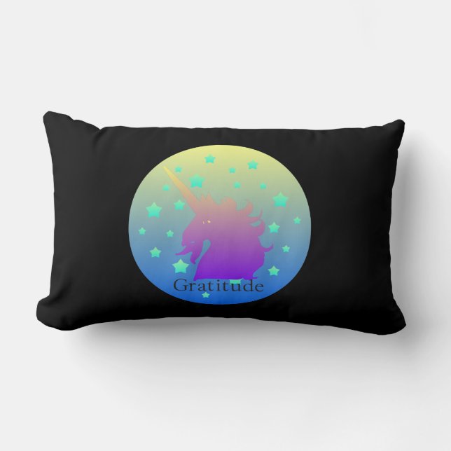 "Ombre Unicorn with ord gratitude" Pillow. Lumbarkudde (Framsida)