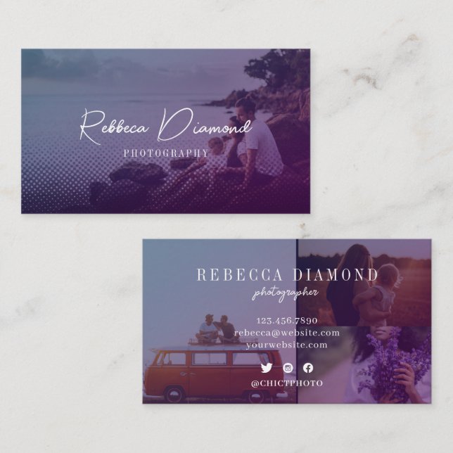 Ombre Violet Abstrakt Overlay 4 Photos Script Visitkort (Fram/baksida)