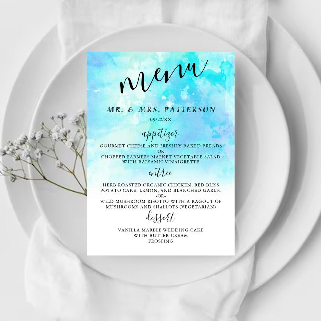 Ombre Watercolor Bröllop Menu Cards - Blue Meny (Skapare uppladdad)