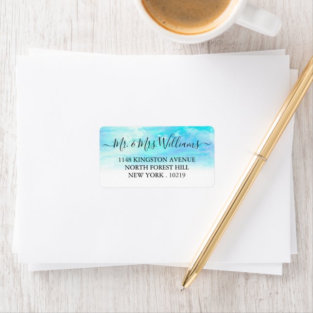 Ombre Watercolor Bröllopsetiketters - Blue Adressetikett (Insitu)