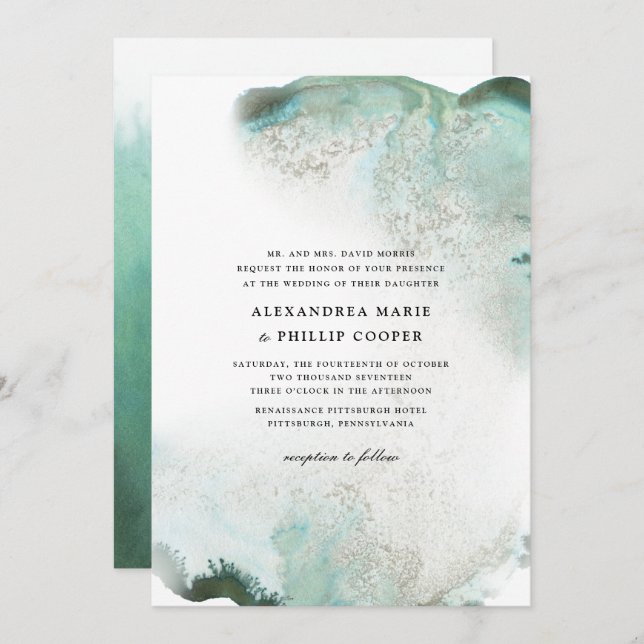 Ombre Watercolor bröllopsinbjudan Suite | GRÖNT Inbjudningar (Fram/baksida)
