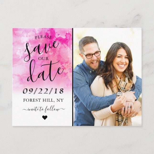 Ombre Watercolor Save Date Postcard - Rosa Meddelande Vykort (Framsida)