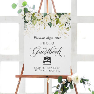 Omedelbar Fotogästbok Tecken Vita Rosor Blommig Poster