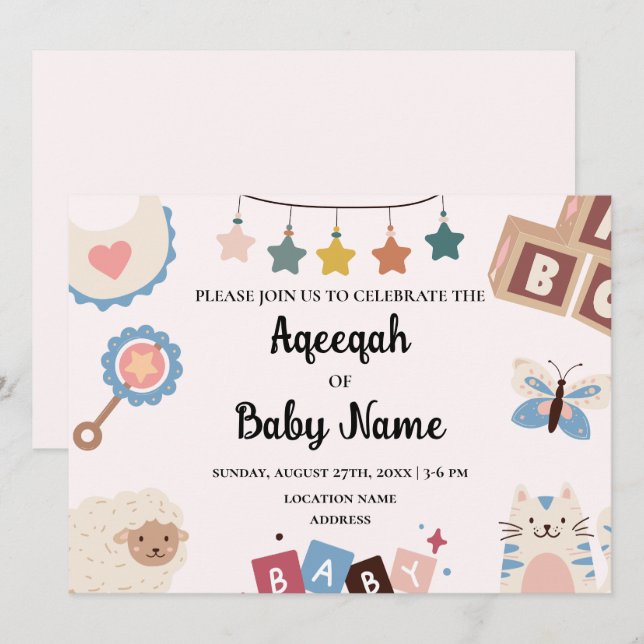 Omedelbart redigerbart Aqeeqah Aqiqah-inbjudningsk Inbjudningar (Fram/baksida)