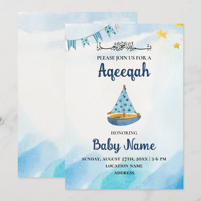 Omedelbart redigerbart Aqeeqah Aqiqah-inbjudningsk Inbjudningar (Fram/baksida)