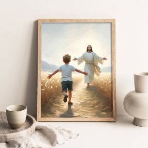 Omfamnar tro, kristen konst, Jesus och pojke, Jes Poster