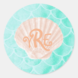 Omfång för Aqua-Sjöjungfru Seashell Monogram Runt Klistermärke