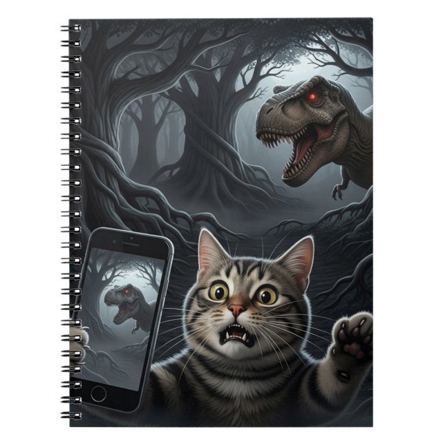 OMG A Dinosaur! Funny Cat Selfie med T-Rex Anteckningsbok (Framsidan)
