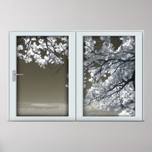 Ominous White Träd Blommars Faux Window Illusion Poster