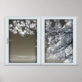 Ominous White Träd Blommars Faux Window Illusion Poster