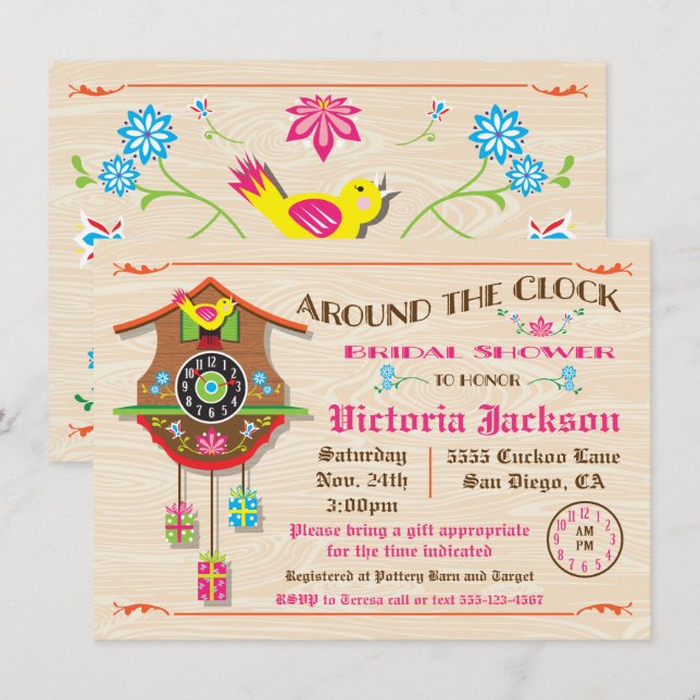 Omkring klockan Möhippa Folk art Cuckoo Inbjudningar (Fram/baksida)