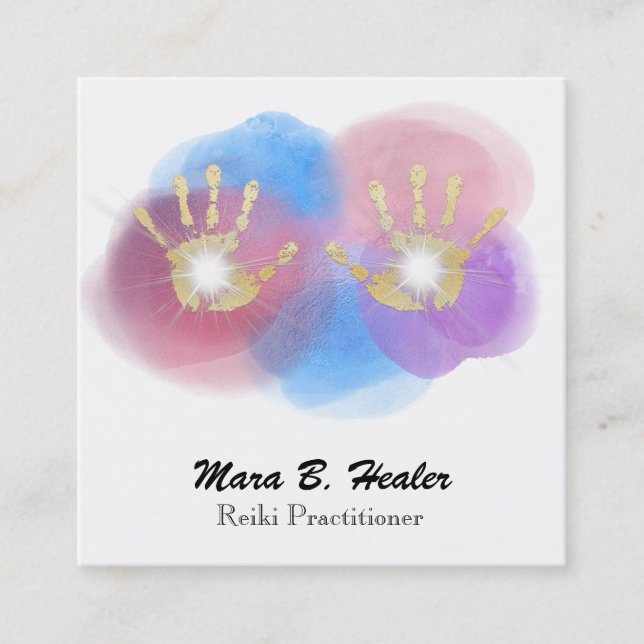 *~* omkullkastar guld- Reiki som läker händer som Fyrkantigt Visitkort (Framsida)
