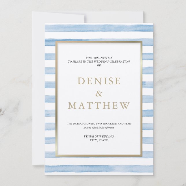 Omphalodes Blå Vattenfärg Rand & Guld Text Inbjudningar (Framsida)