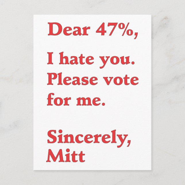 Omröstning om Barack Obama Mitt Romney Hates dig 4 Vykort (Framsida)