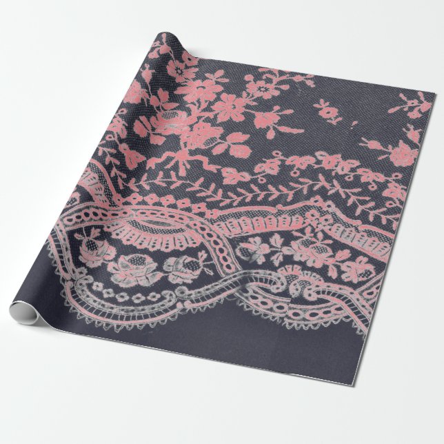 Omslagning av Papper SVART OCH ROSA ANTIQUE SNÖRE Presentpapper (Utrullad)