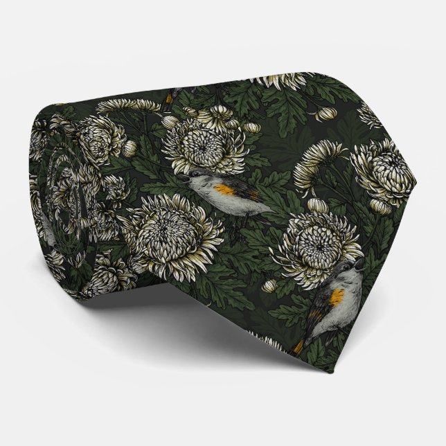 Omstarter i krysantemum i grönt och vitt slips (Rullad)