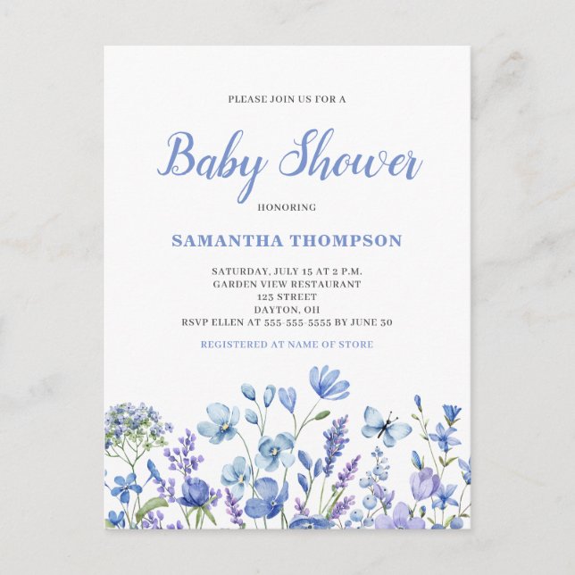 Ömt blå blomster baby shower inbjudan (Framsida)