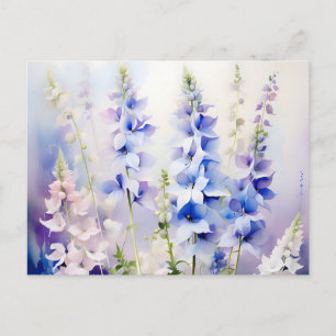 Ömt Delphinium Blommor med Akvarell Tvättar Vykort