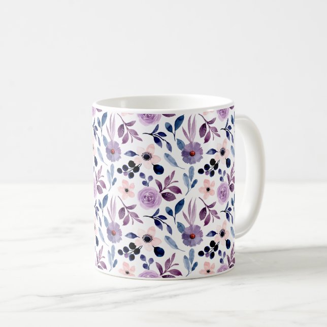 Ömt floralt mönster med marinblå lavendelblad kaffemugg (Framsida höger)