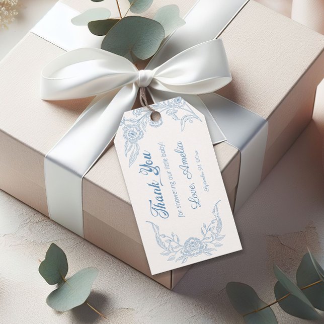 Ömt himmelsblå blomsterkrans baby shower presentetikett (Skapare uppladdad)