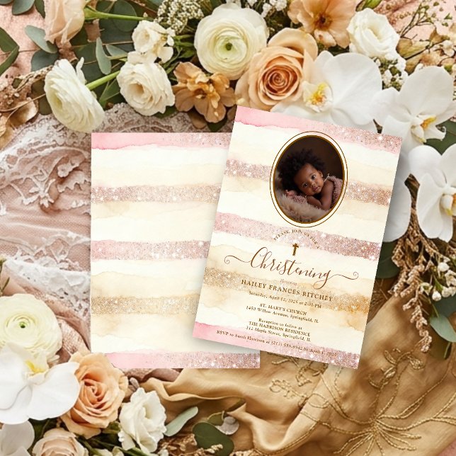 Ömt Romantisk Glitterränder Bebis Dopförrättare Inbjudningar (Delicate Romantic Glitter Stripes Baby Baptist Christening Invitation Card with Oval Photo. )