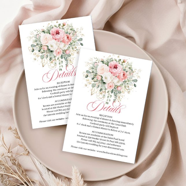 Ömt Rosa Rosor Bröllopsdetaljkort Tilläggskort (Delicate Blush Roses Wedding Details Card)