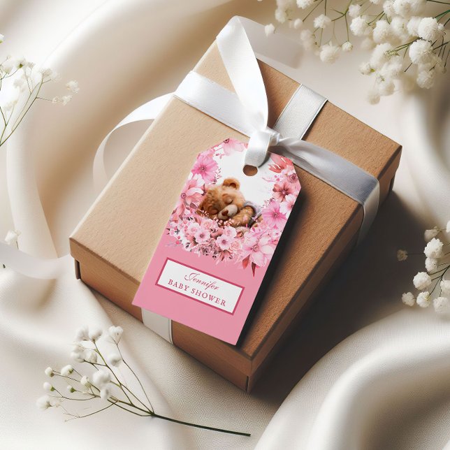 Ömt Rosa Teddybjörn Baby Shower Presentetikett (Skapare uppladdad)