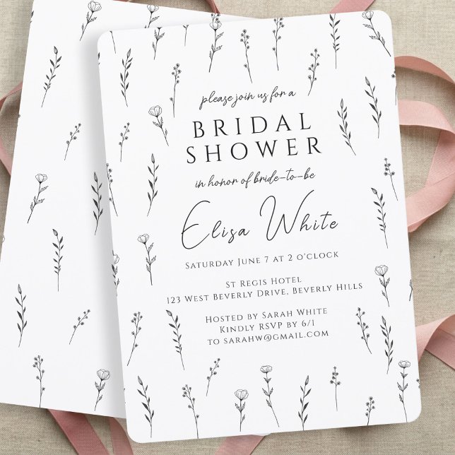 Ömt Skingrade Vilda Blommor Bröllopsdusch Inbjudningar (Delicate Scattered Wildflowers Bridal Shower Black and White Invitation
)
