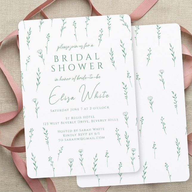 Ömt Spridda Vilda Blommor Grön Bröllopsdusch Inbjudningar (Delicate Scattered Wildflowers Green Bridal Shower Invitation
)