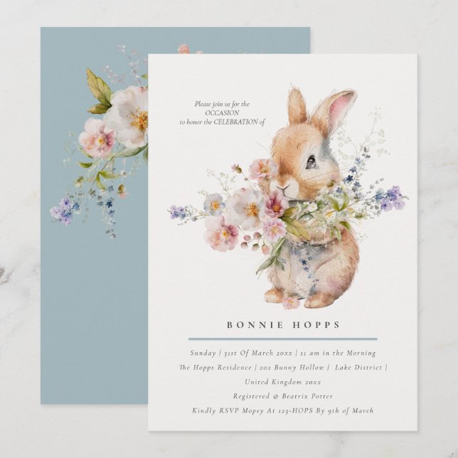 Ömt vårbarn kanin blomsterbukett inbjudningar (Fram/baksida)